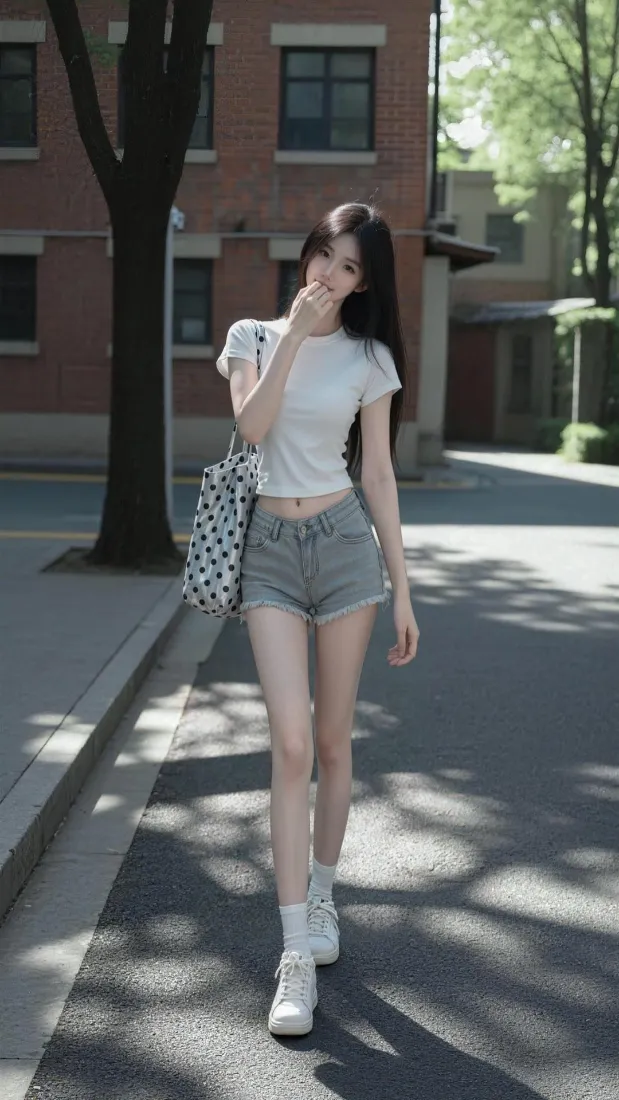 夏日街道树荫下，长发女生穿白T恤牛仔短裤，挎波点包向前行走。