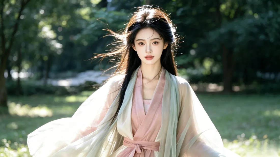 3k古风汉服美女壁纸|林间户外草地背景图片 - 仙气氛围感「哲风壁纸」 林间草地上,身着粉白浅绿汉服的长发女子,发丝随风轻扬,仙气十足。