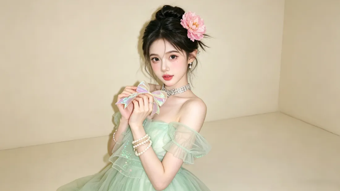 3k丸子头美女壁纸｜浅绿纱裙背景图片 - 仙气甜美写真「哲风壁纸」