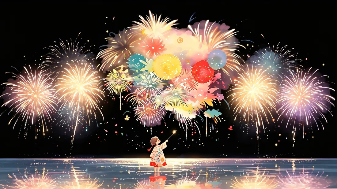夜晚水面上，小女孩持仙女棒仰望漫天绽放的彩色烟花，水面映出烟花倒影