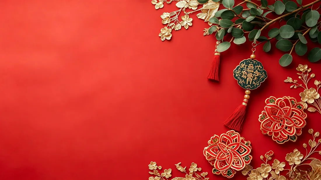 正红背景右侧布置中国结、金色花枝与尤加利叶，左侧大面积留白的新春装饰图