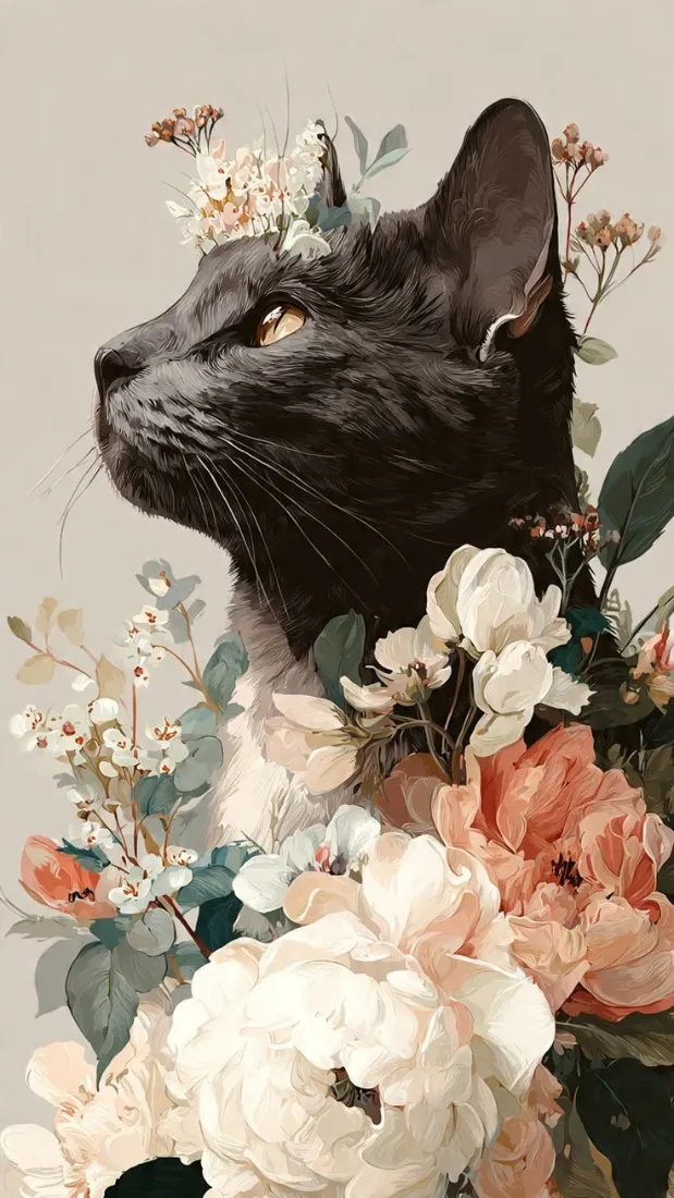 黑猫侧脸静立，周身簇拥粉白柔花与绿叶，氛围优雅治愈。