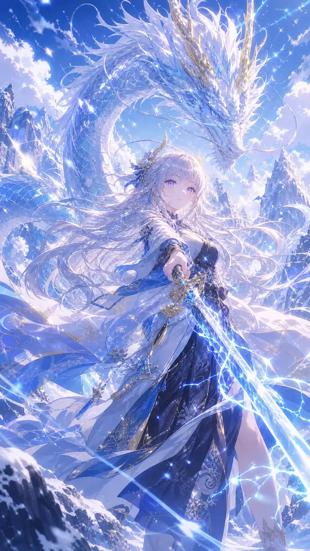 白发蓝裙少女持发光佩剑，身后环绕冰龙，立于冰雪蓝天之下。