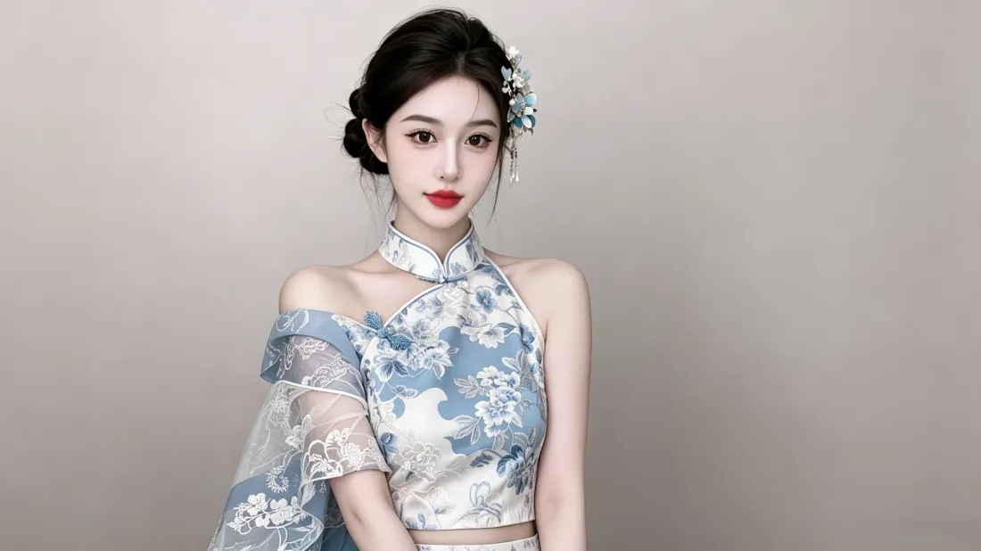 盘发戴蓝白发饰的女子，身着蓝白花纹露肩新中式旗袍，浅灰简约背景。