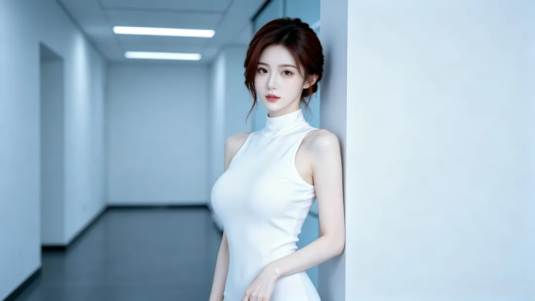 冷调现代走廊中，盘发红唇女子身着白色无袖高领修身裙倚墙而立