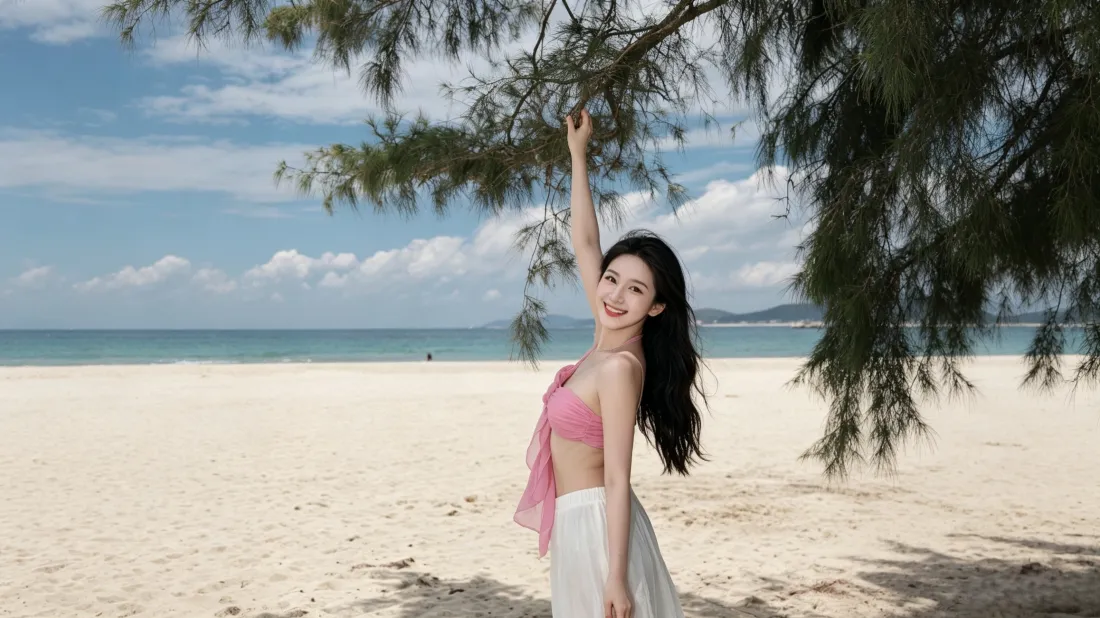长发女子身着粉色抹胸与白色长裙，在海边沙滩抬手轻扶树枝，面带微笑。
