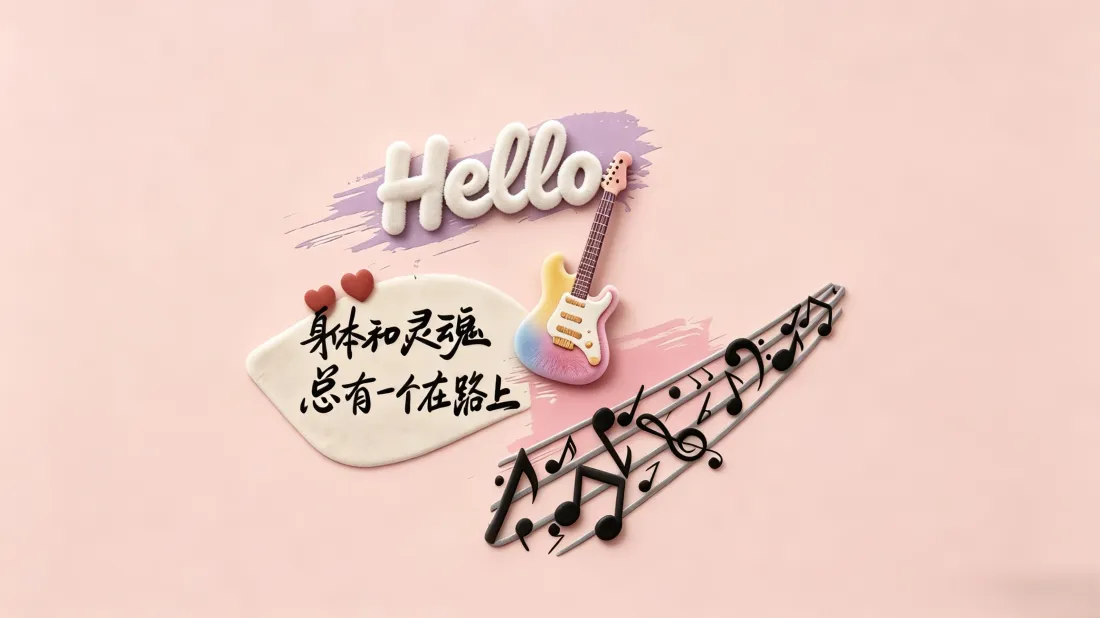 粉色背景上有Hello立体字、迷你吉他、五线谱音符与励志手写文字