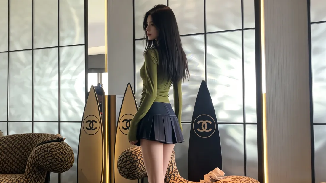 3k长发美女壁纸|时尚穿搭背景图片 - 室内氛围感写真「哲风壁纸」 室内场景中,黑长直长发女子身着绿色修身上衣与深色百褶短裙侧身站立,身旁摆放带品牌标识的冲浪板装饰。