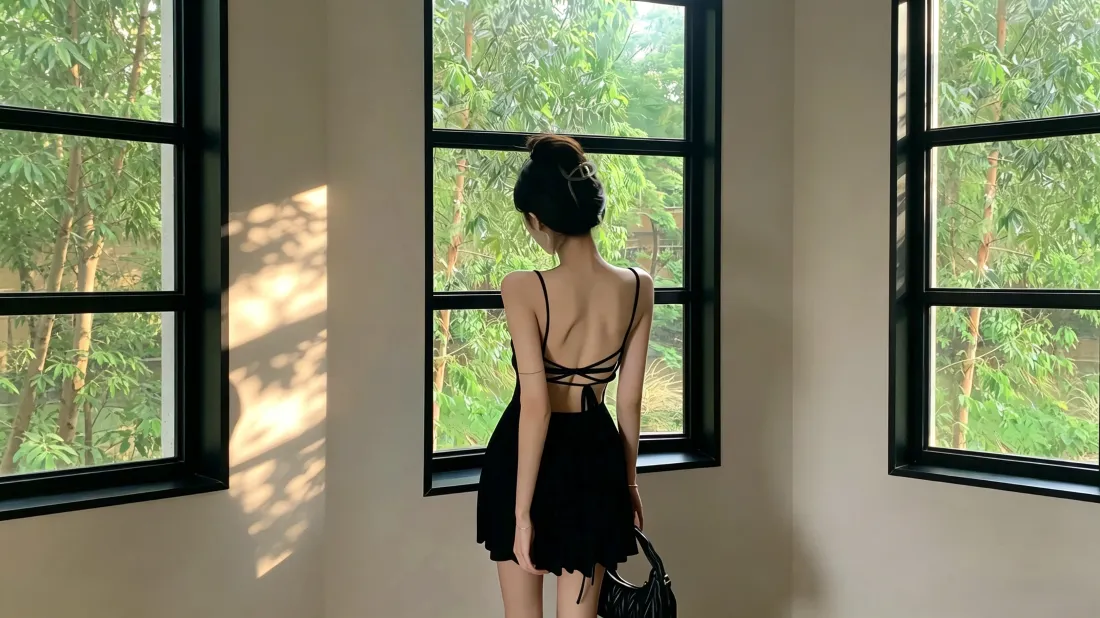 扎丸子头的女生穿黑色露背吊带裙，背对镜头站在窗边，窗外是葱郁绿植。