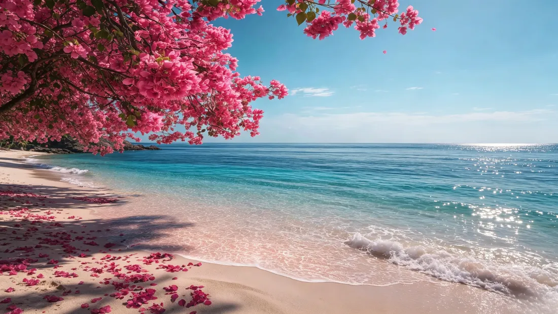 粉色花树垂岸，花瓣散落沙滩，碧海蓝天海浪轻拍海岸