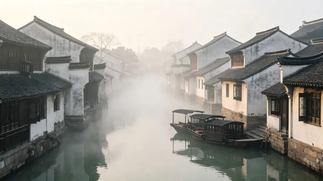 3k徽派建筑壁纸|江南水乡背景图片 - 晨雾古镇风光「哲风壁纸」 晨雾笼罩的江南水乡河道,两岸白墙黑瓦徽派民居,乌篷船静泊岸边。
