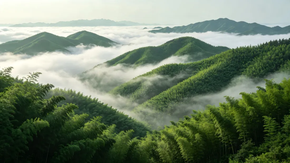 3k竹林云海壁纸|青翠山峦云雾背景图片 - 治愈自然山景「哲风壁纸」 青翠山峦间云海翻涌,前景竹林茂密,晨雾缭绕山谷