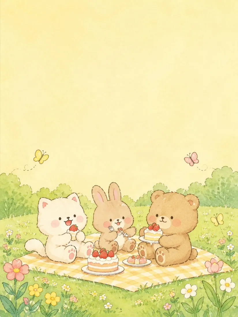 小猫、小兔、小熊坐在春日草地上的野餐垫上享用草莓蛋糕，周围花草蝴蝶环绕。