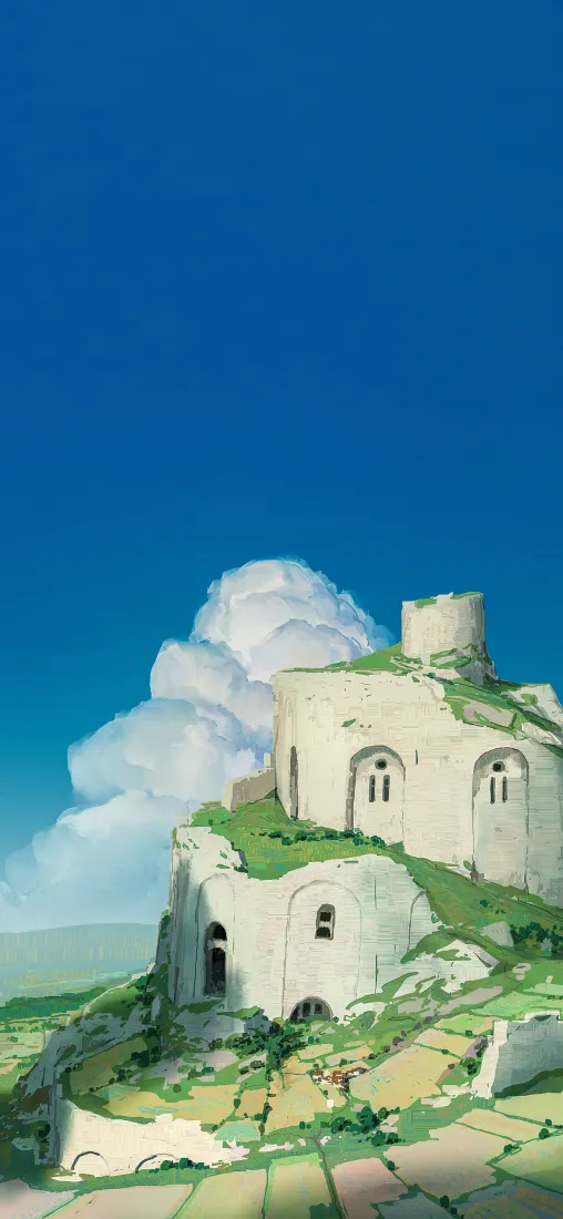 日系动漫风插画，悬崖上的石砌建筑，蓝天白云与青草地。