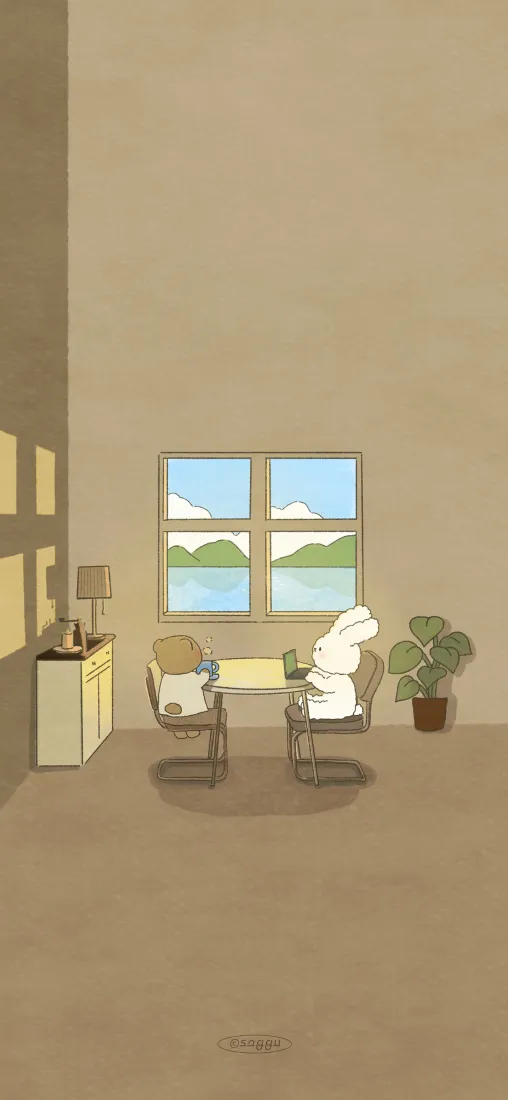 暖调简约室内插画，小熊与白兔对坐窗边，窗外是湖山晴日。