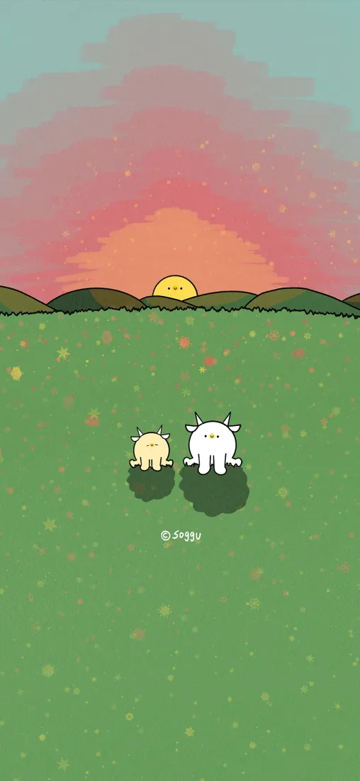 黄昏粉橙渐变天空下，两只圆滚滚的小怪兽坐在点缀彩点的绿色草地上。