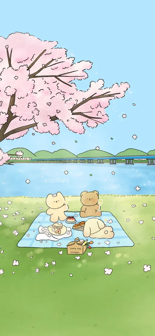 春日樱花湖畔草地上，几只小熊在野餐垫上悠闲野餐，花瓣飘落。