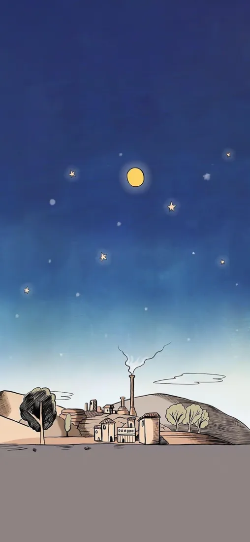 手绘风月夜星空下的山丘小镇，烟囱冒烟，氛围静谧治愈