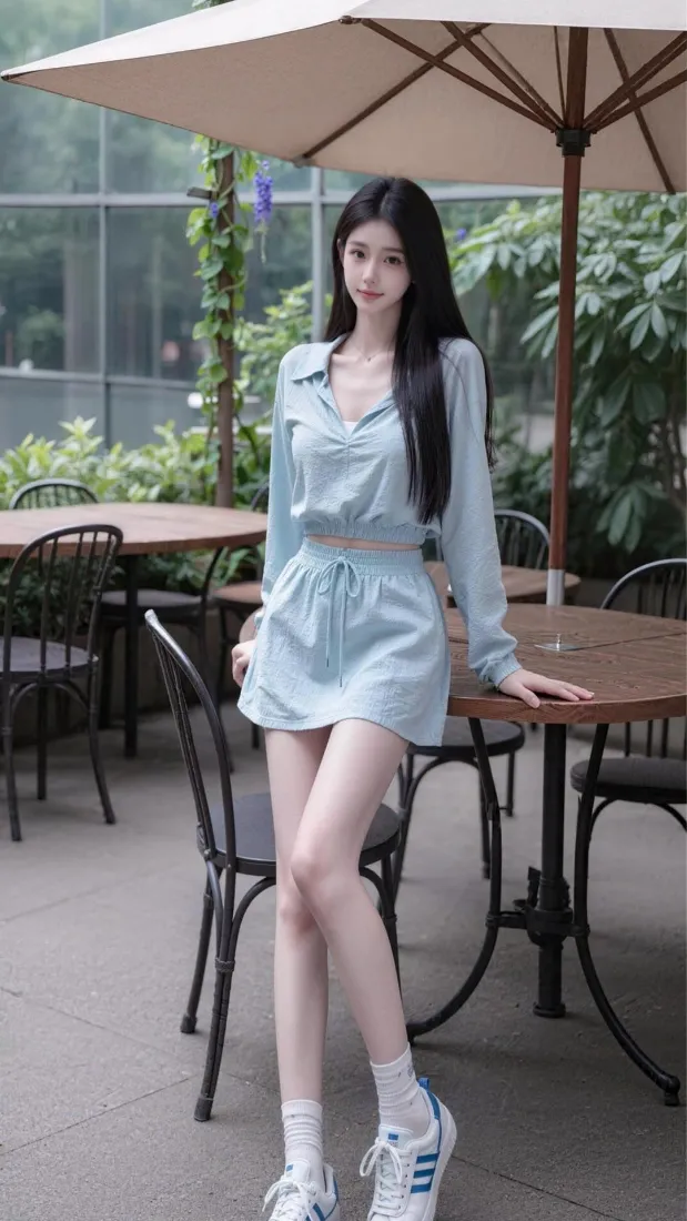 长发美女身着浅蓝色休闲套装，倚靠在户外咖啡店露台的木质圆桌旁。