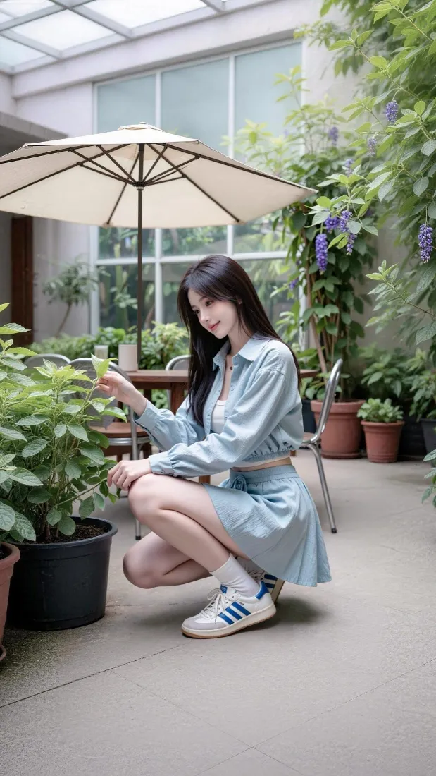 长发少女穿浅蓝色套装蹲在绿植庭院中，轻触盆栽叶片，旁有遮阳伞。