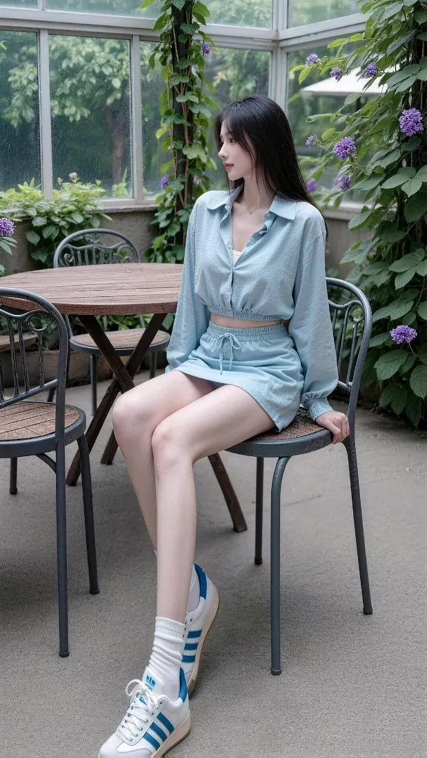 长发美女身着浅蓝色休闲套装，坐在绿植环绕的玻璃露台铁艺椅上。