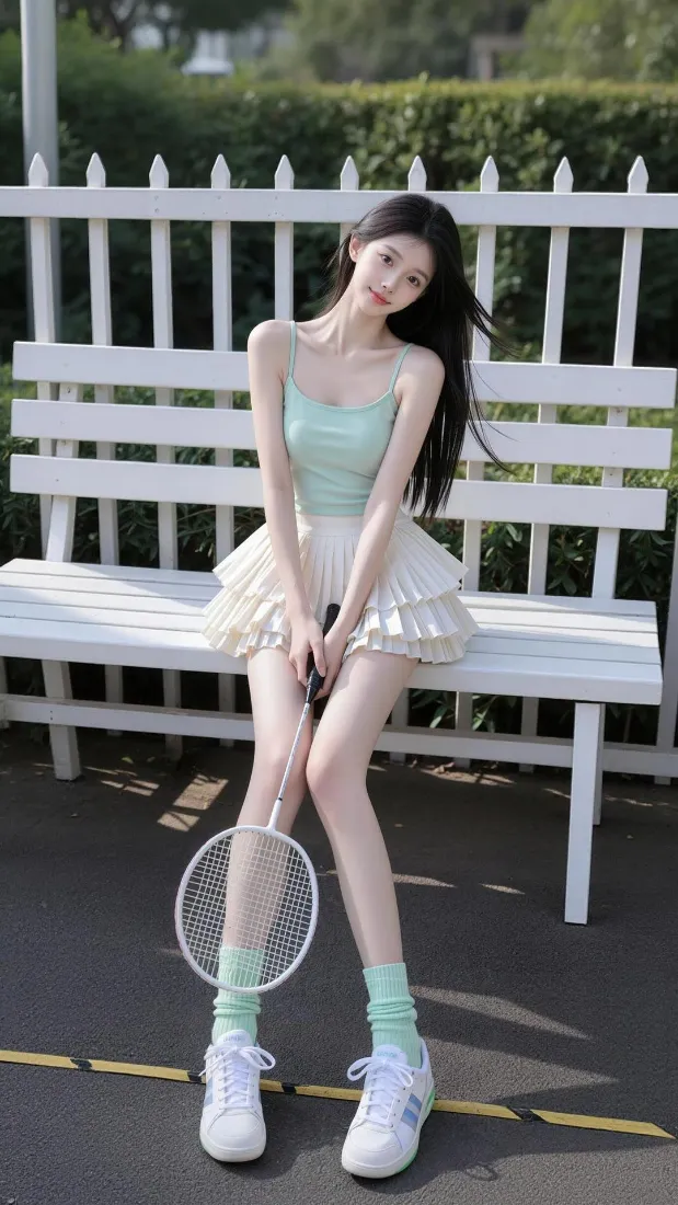 长发甜妹坐白色长椅，持羽毛球拍，穿薄荷绿吊带与百褶裙，清新运动风