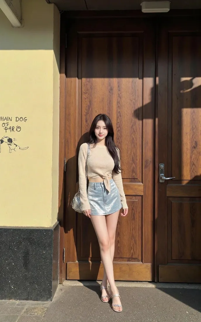 长发美女穿卡其色上衣与牛仔短裙，站在木门旁的阳光街景中。