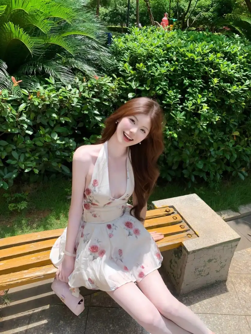 长发年轻女子穿碎花挂脖短裙，坐在公园长椅上微笑，身后是茂密绿植。