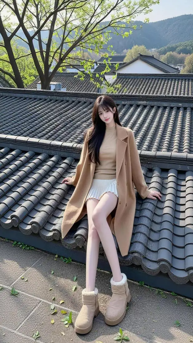 长发美女身着驼色大衣白短裙，坐在中式灰瓦屋顶上，背景有绿树远山。