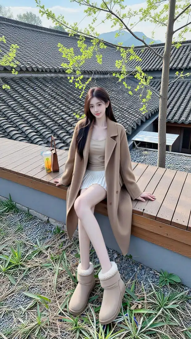 长发女子身着驼色大衣坐在中式庭院木台上，旁侧放着饮品，背景是灰瓦古建与远山。