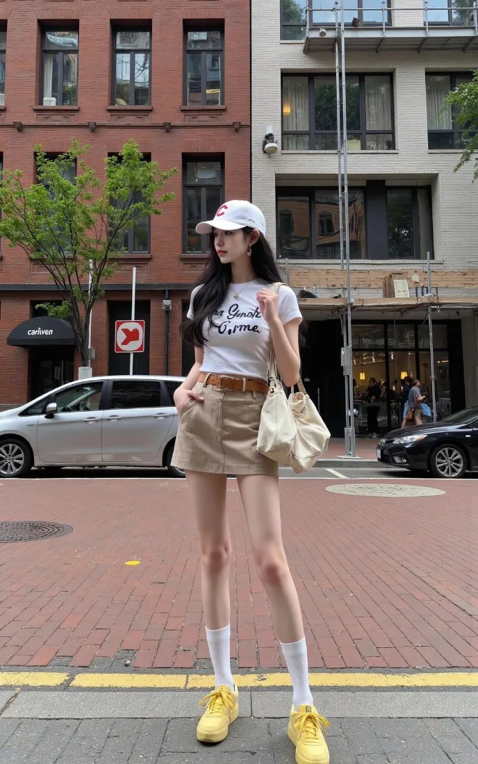 戴白帽的年轻女生站在城市街道，白T恤配卡其短裙与黄色鞋子。