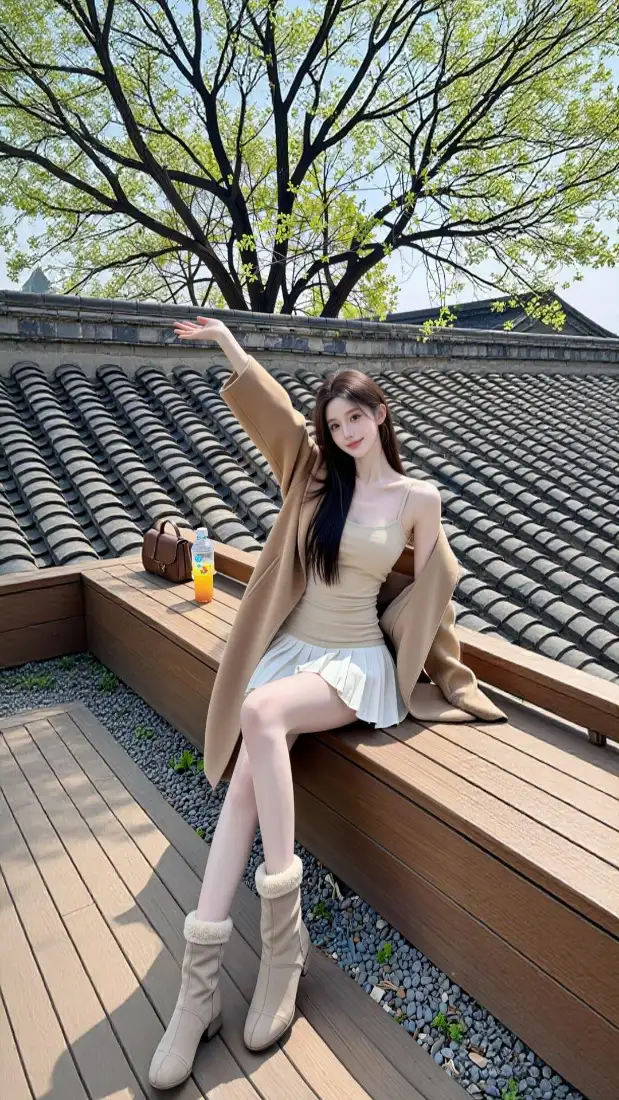 长发美女坐在露台木质长椅上，背景是古建筑灰瓦屋顶与抽芽绿树。