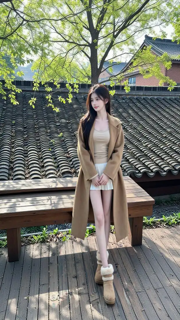 长发女子身着驼色大衣短裙，倚靠木长椅立于古建瓦顶前的木栈道上。