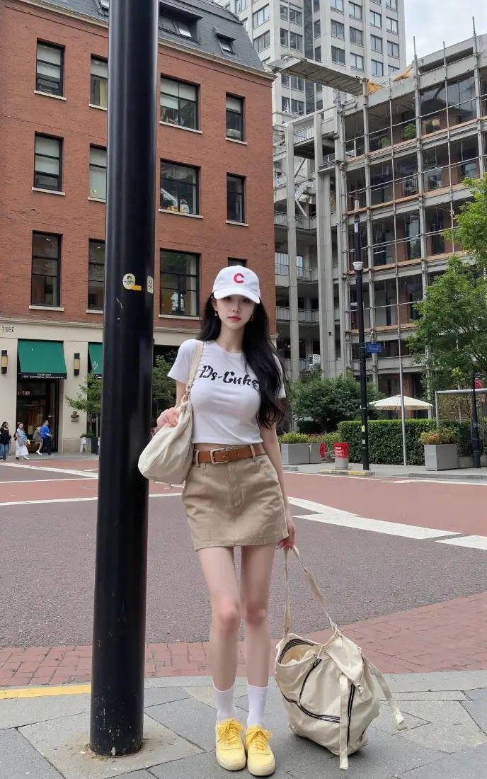 戴白帽长发女生站在城市街头，穿白T恤卡其短裙，手提米色大包