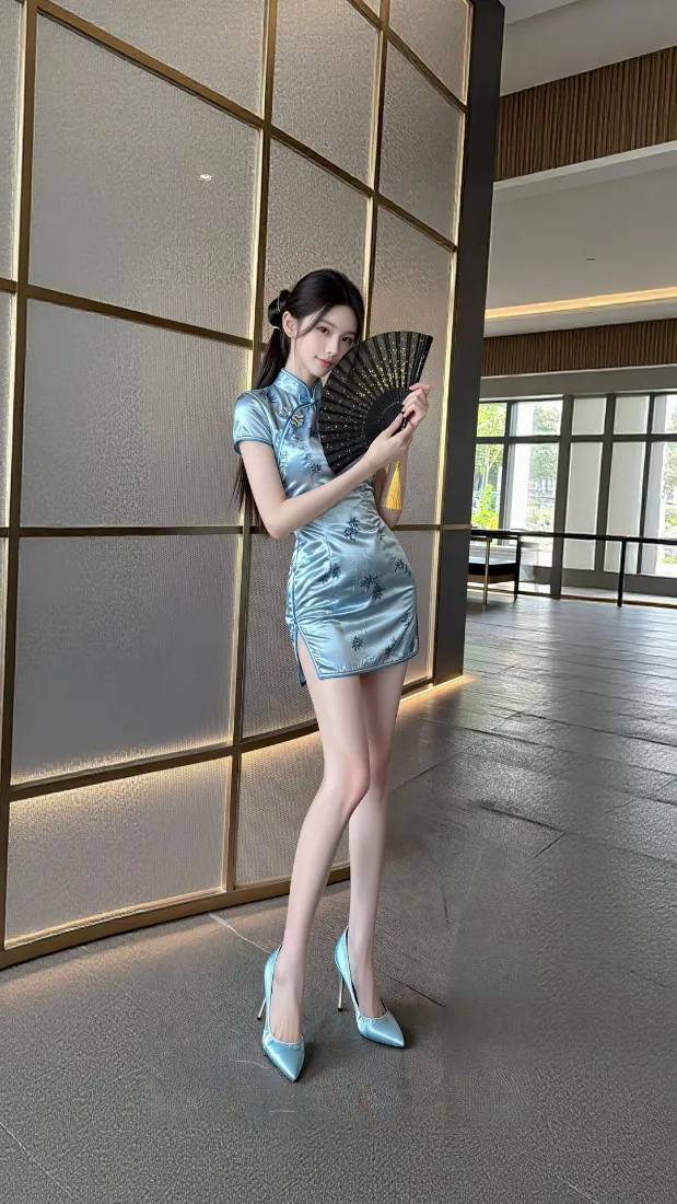 身着浅蓝色短款旗袍的女子手持折扇，在新中式室内空间优雅站立。
