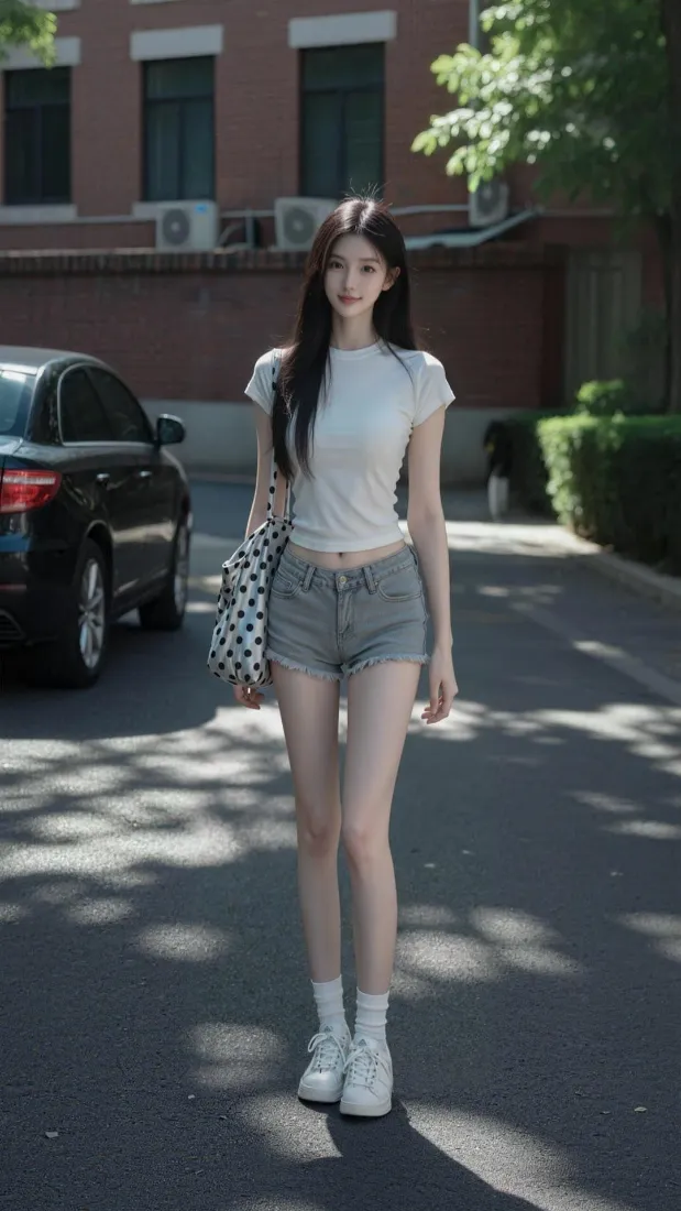 夏日街头，长发美女穿白T恤牛仔短裤，挎波点包行走在林荫道上