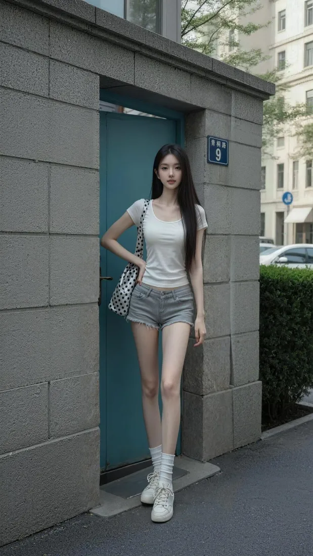 长发年轻女子穿白T恤牛仔短裤白靴，站在灰色石砌建筑门口街拍。