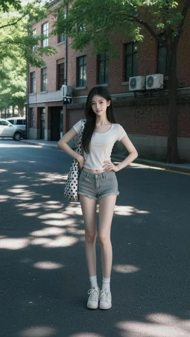 夏日老街道树荫下，长发美女穿白T恤牛仔短裤休闲街拍