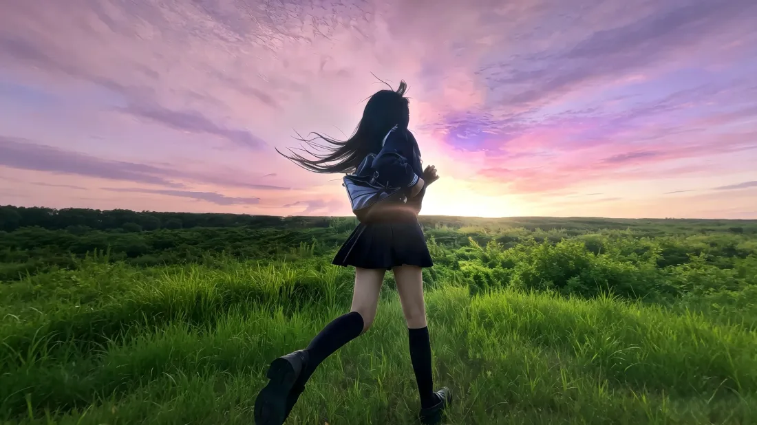 JK少女背对镜头在黄昏旷野草地上奔跑，粉紫渐变天空下绿意盎然。