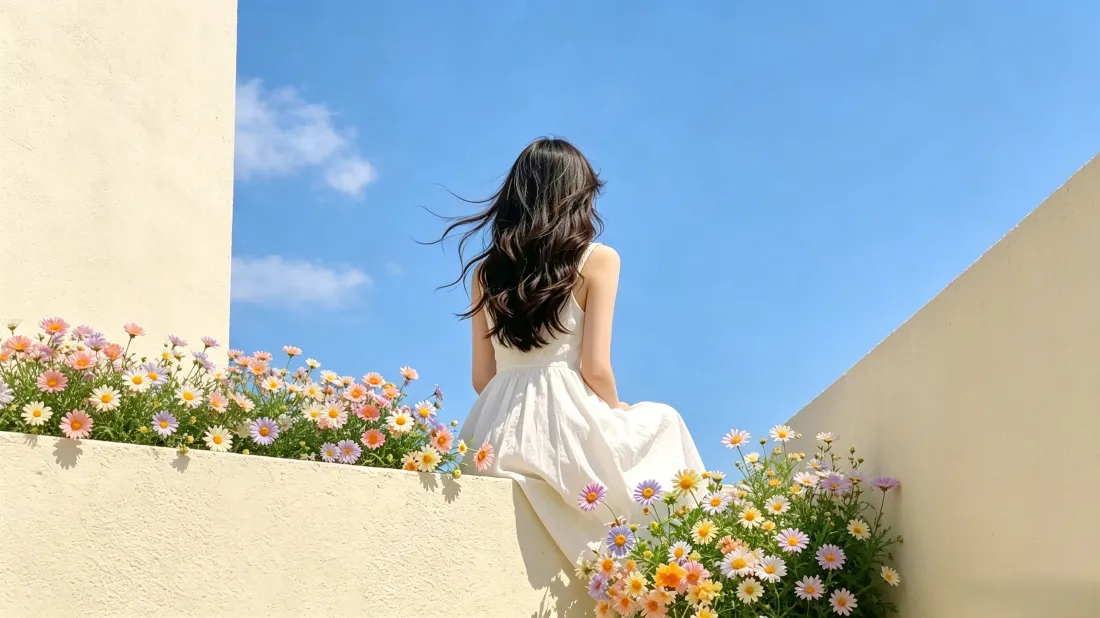 3k白裙少女壁纸|花海蓝天背景图片 - 夏日清新治愈「哲风壁纸」 白裙长发少女背对镜头坐在露台花台边,蓝天澄澈,雏菊盛放。