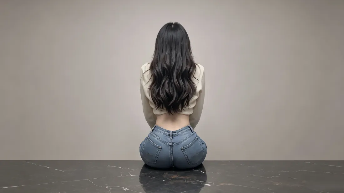 长发女性背对镜头跪坐于深色台面，纯色浅灰背景，露腰上衣配牛仔裤。