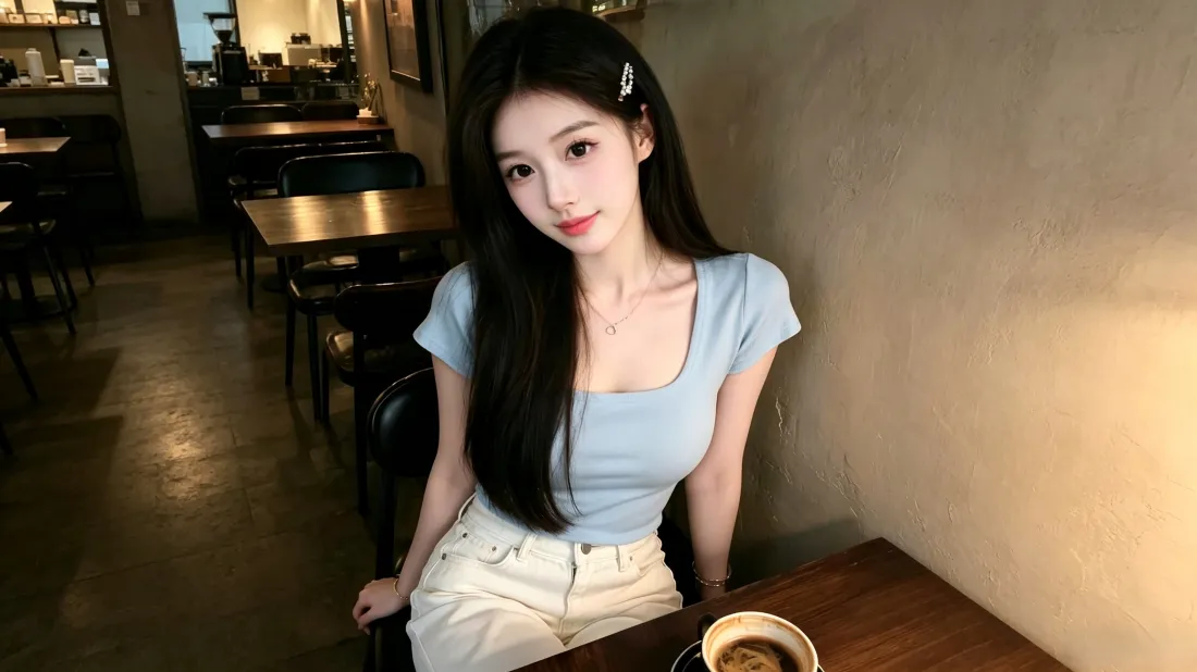 长发美女坐在咖啡厅内，穿浅蓝上衣白裤，面前桌上放着咖啡。