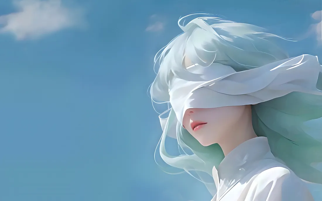蓝天白云下，浅蓝长发少女被白布条蒙眼，发丝与布条随风飘动。
