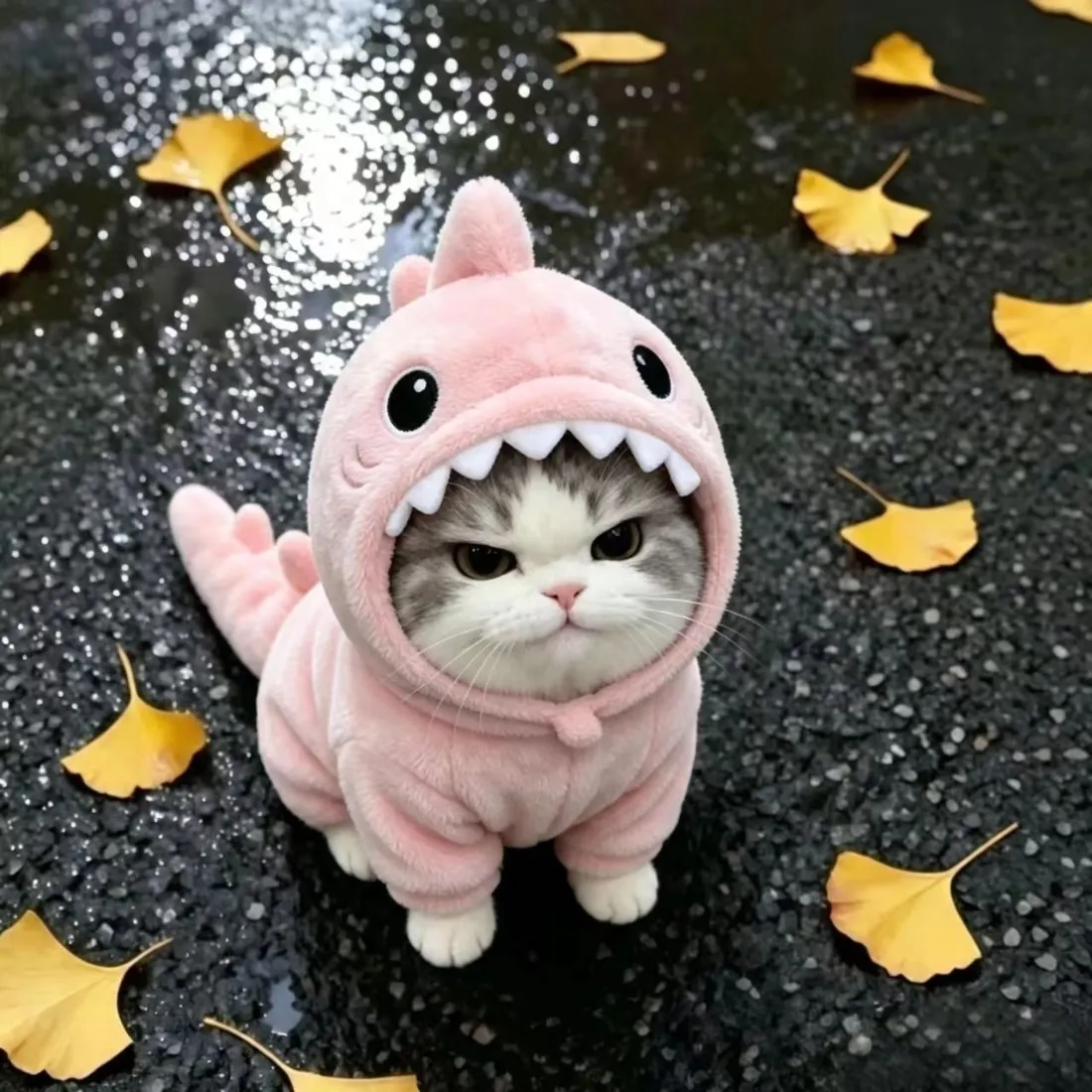 穿粉色恐龙毛绒服的小猫坐在散落银杏叶的湿润沥青路面上