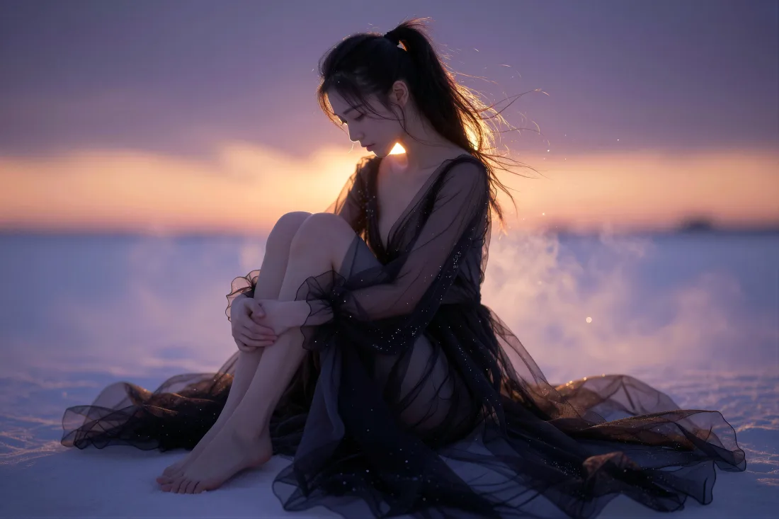 5k高马尾黑衣美女壁纸|海边日落背景图片 - 氛围感逆光人像「哲风壁纸」 高马尾黑衣纱裙女子赤脚坐于海边,黄昏逆光下低头抱膝,氛围浪漫。