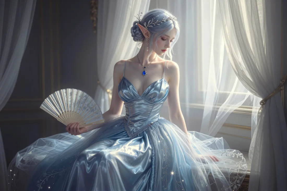 银发精灵耳女子着冰蓝礼服持折扇，坐于窗边纱帘旁，阳光洒落。