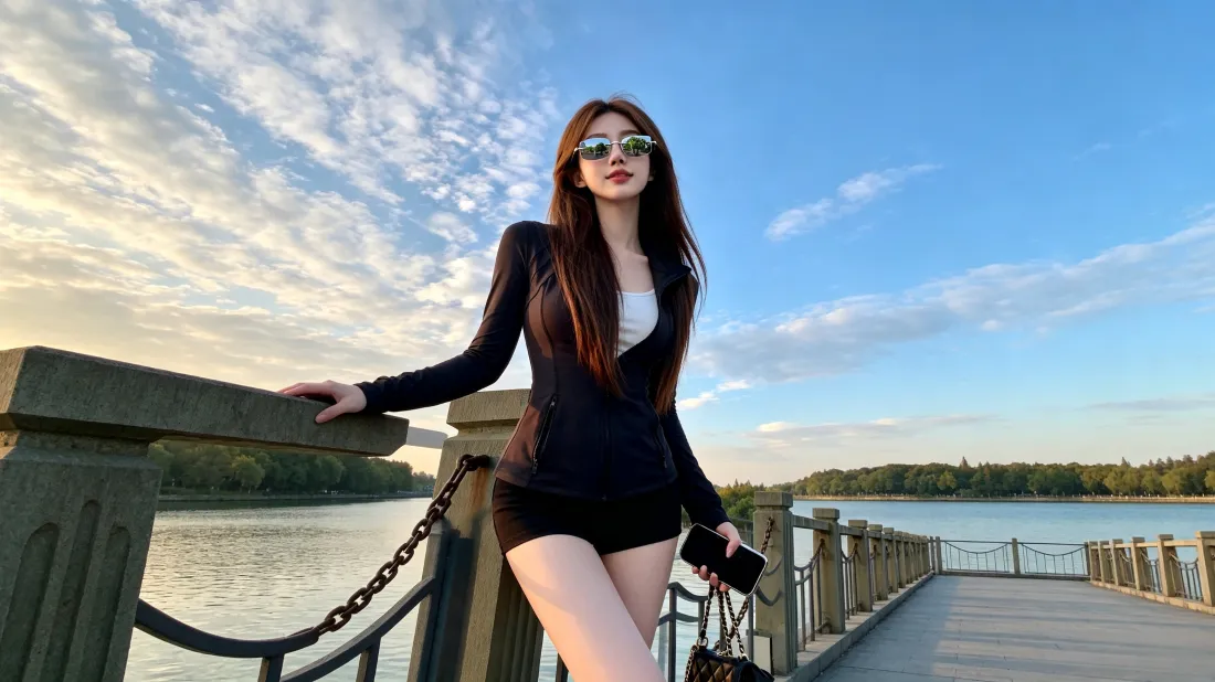 3k气质美女壁纸|湖边蓝天背景图片 - 时尚墨镜穿搭写真「哲风壁纸」 戴墨镜的黑衣长发美女站在湖边栈桥,背景是蓝天与湖面树林