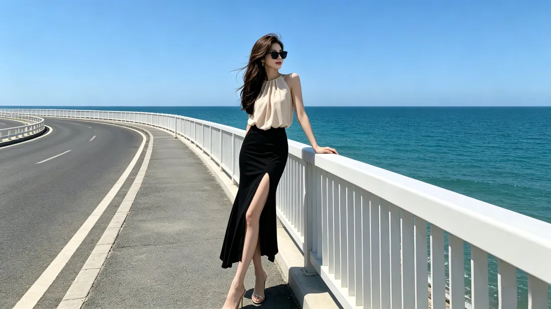 长发墨镜女子身着米色挂脖上衣与黑色开叉长裙，倚靠沿海公路白色护栏，背景是碧海蓝天。