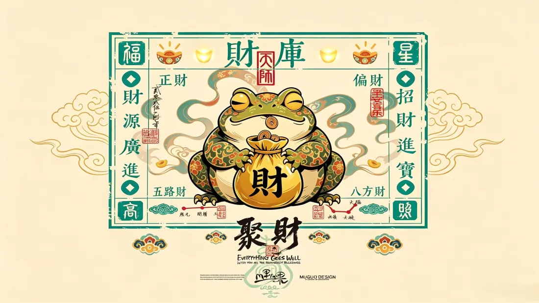 国风金蟾抱财袋，搭配祥云、元宝与招财吉祥文字的聚财插画