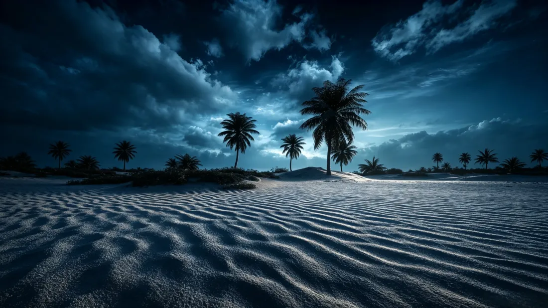 热带海岸夜景，沙波纹沙滩上棕榈树剪影，夜空布满蓝调云层